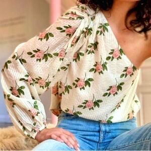 Cami NYC One-Shoulder Floral Blouse in Cream with Pink Roses and Green Leaves